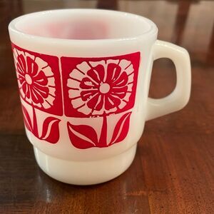 Vintage Anchor Hocking Fire King Stackable Red Flower Milk Glass Cup Mug